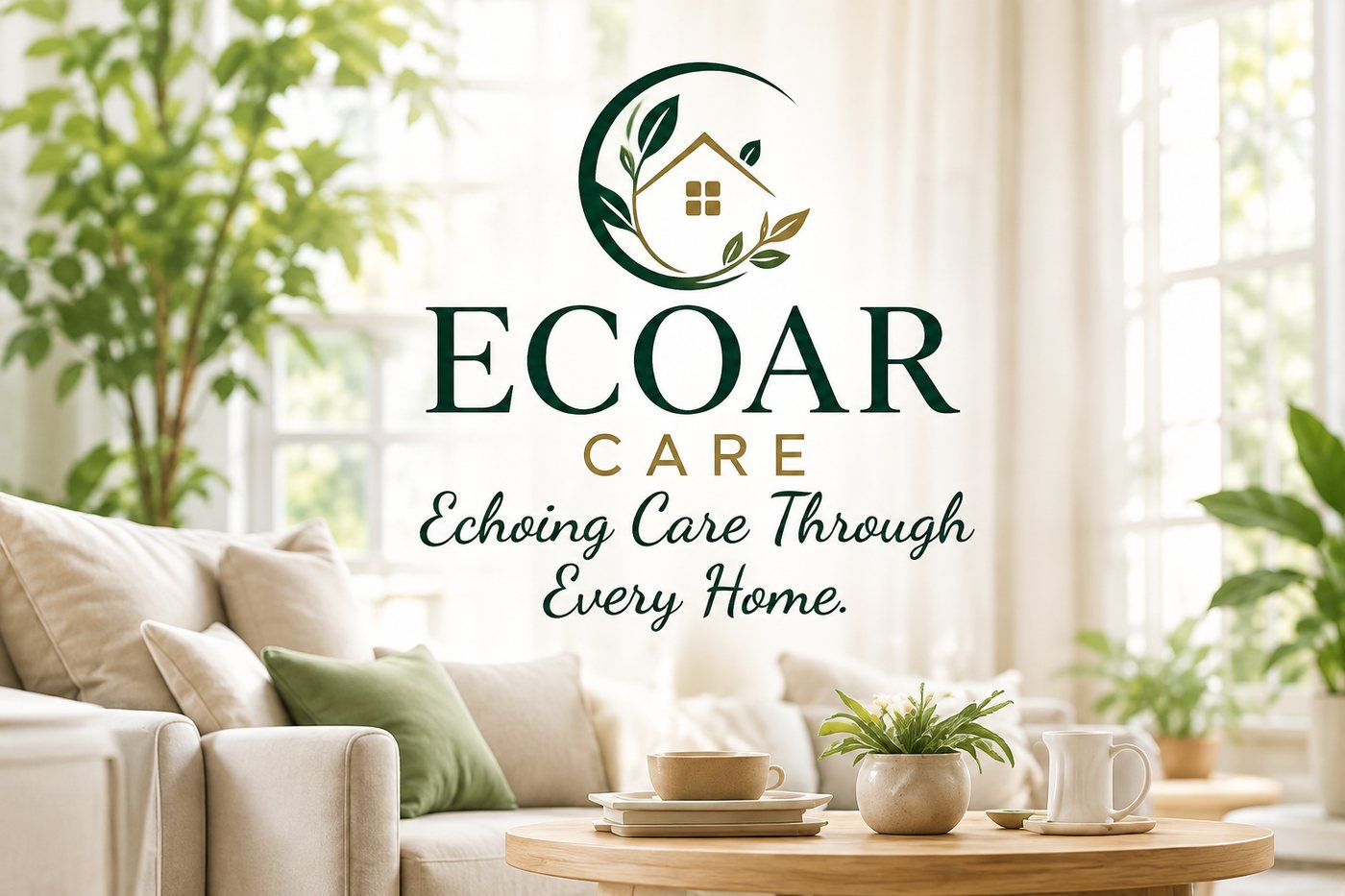 A bright, calm living room with the ECOAR Care logo
